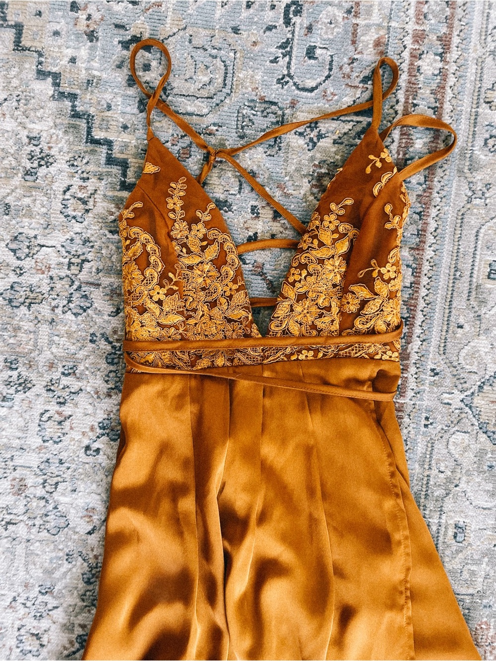 Embroidered Satin Spaghetti-Strap Jumpsuit in Mustard